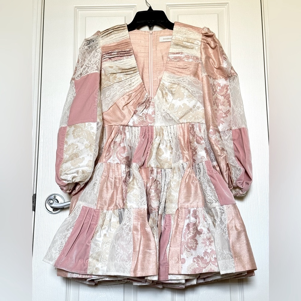 New!Zimmermann Patchwork silk-shantung, jacquard, velvet and lace mini d…